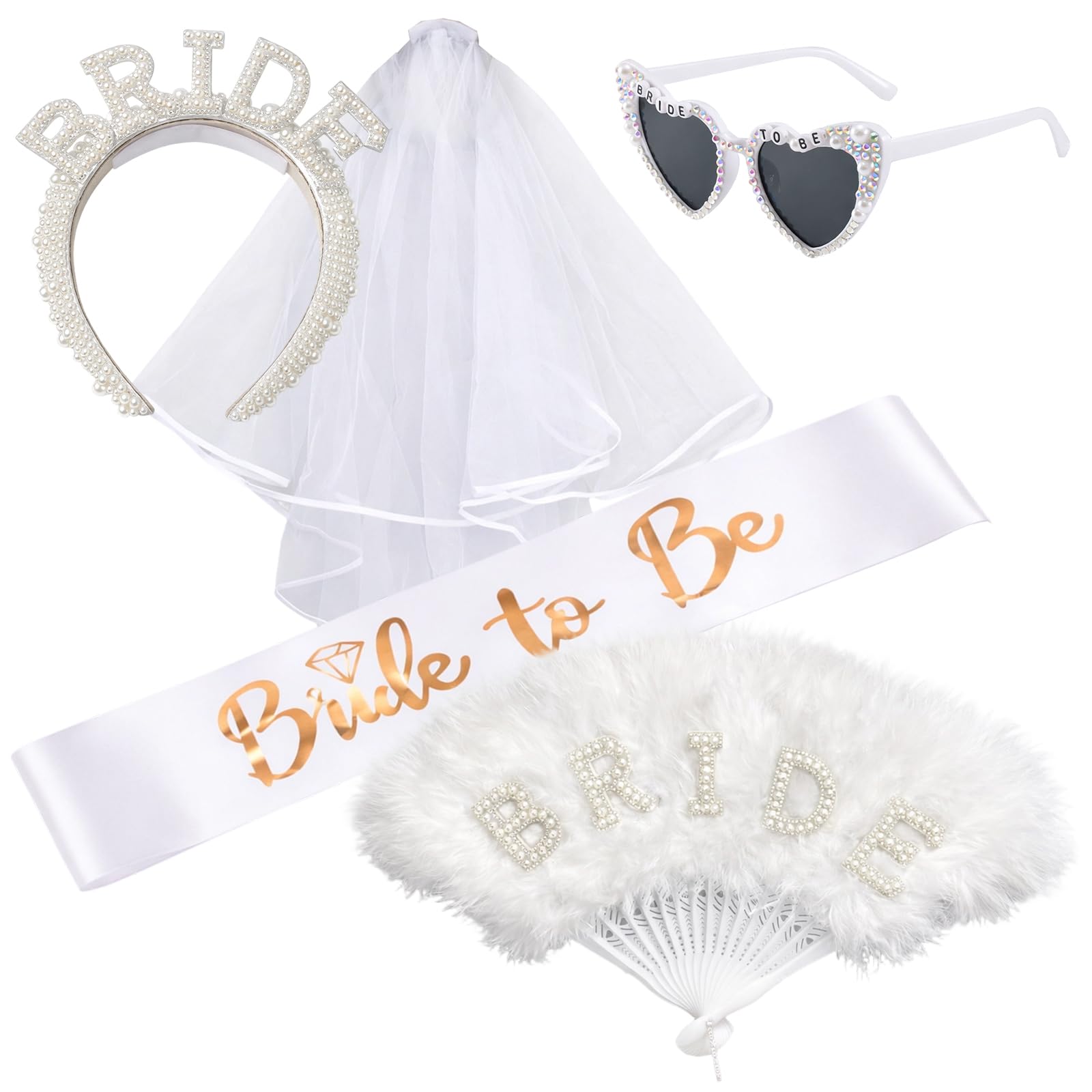 Bride to Be Hen Do Accessories, Hen Party Accessories with Bride to Be Sash and Veil, 5-Piece Wedding Set Including Feathered Fans and Pearl Decorations, Ideal for Pre-Wedding Celebrations
