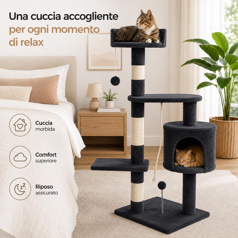 Bakaji Árbol Rascador Sisal para Gatos con Nidos y Plataformas Bolas de Juego Dimensiones 112 x 67 x 55 cm Color Gris