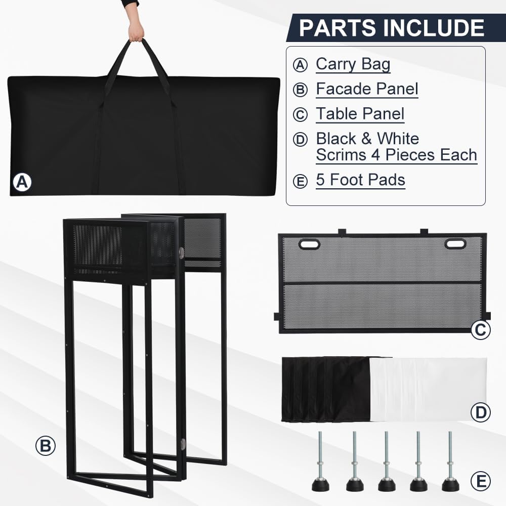 Kokorona Cabine DJ portable 108 x 51 x 115 cm, cabine DJ avec scrims noirs et blancs, cabine DJ pliable réglable pour fête, station de table DJ avec trou de câble, cadre en métal noir + sac de
