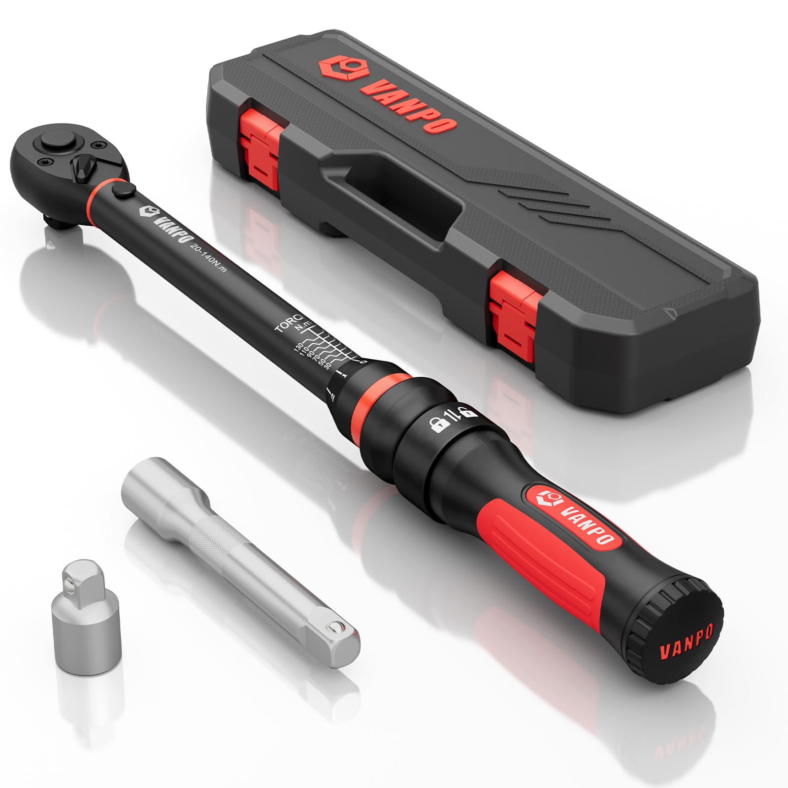 VANPO Drehmomentschlüssel 1/2 Zoll, 20–140 Nm für Motorrad & Auto, ±3% Genauigkeit, 45cm Hebelarm, Ergonomischer Griff, Präziser Klick, 72 Zähnen inkl. 1/2“ to 3/8" Adapter & 125mm Verlängerung