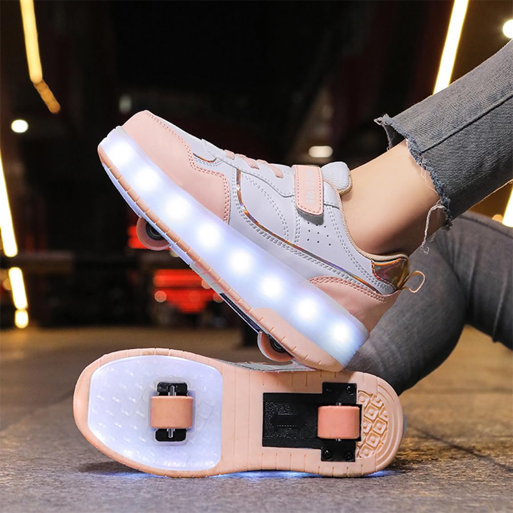 Hixingo Zapatillas con Ruedas Niño Niña, Blanco Zapatos con Dos Ruedas para Niñas 2 en 1 Zapatillas Patines Zapatillas Ruedas Niño, Zapatos Patines Calzado de Skateboarding Multifuncionales