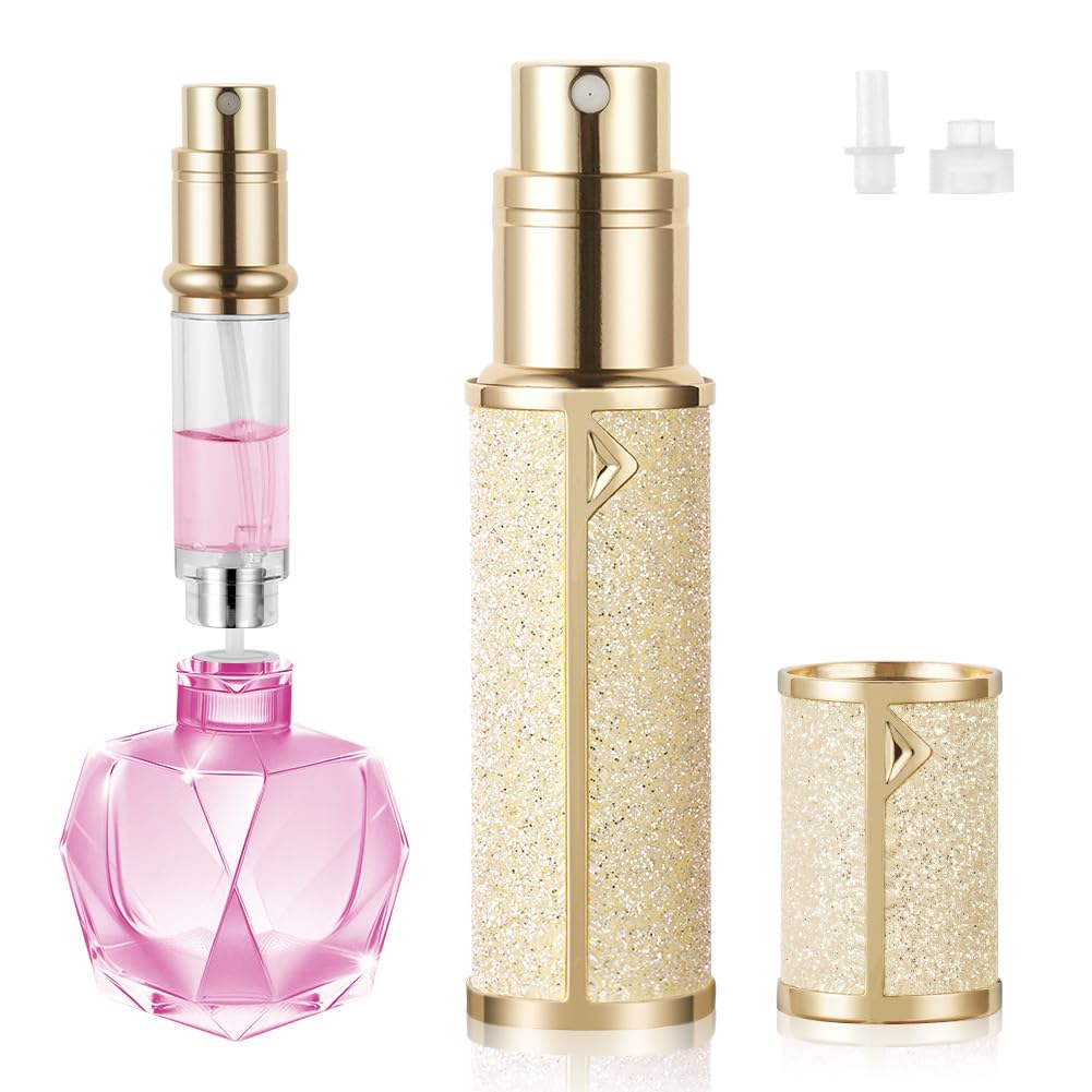 LOPHE Butelka podróżna, 5 ml, luksusowa, wielokrotnego napełniania, błyszcząca butelka z rozpylaczem do perfum, łatwy do napełniania, atomizer perfum dla kobiet, mężczyzn (złota)