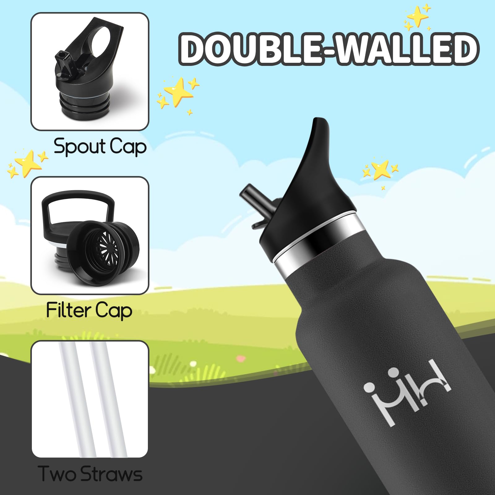 HoneyHolly Borraccia Termica Bambini 500ML, Senza BPA, Bottiglia Termica, Acciaio Inossidabile 18/8, Borraccia Con Cannuccia, A Prova Di Perdite, Borracce Per Scuola, Sport, Ufficio