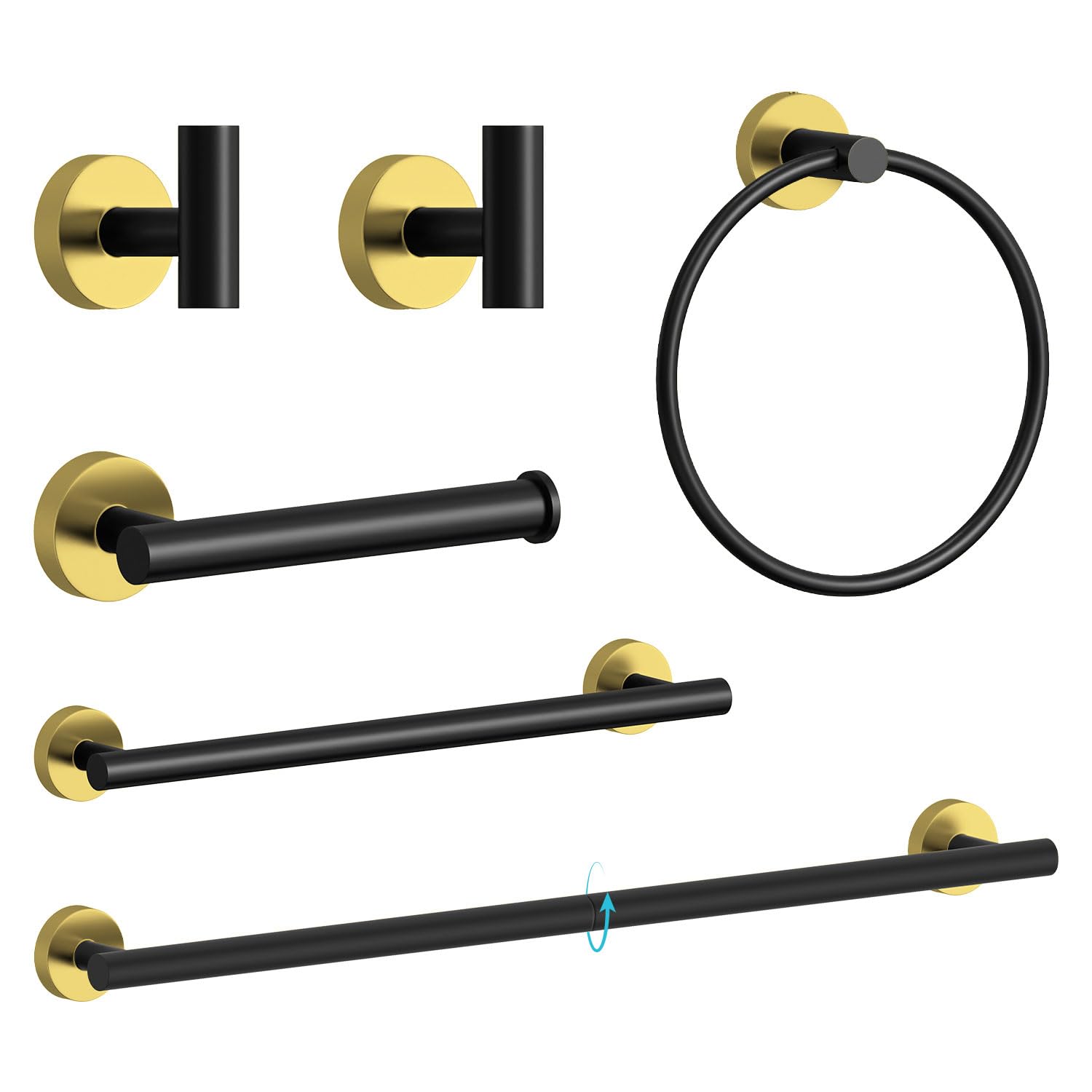 Bathroom Hardware Accessories Set 6 Pieces Black and Gold 26" SUS 304 Stainless Steel Bath Towel Holder Bar Set Towel Rack Combination Wall Mounted for Kitchen, Laundry, Bedroom