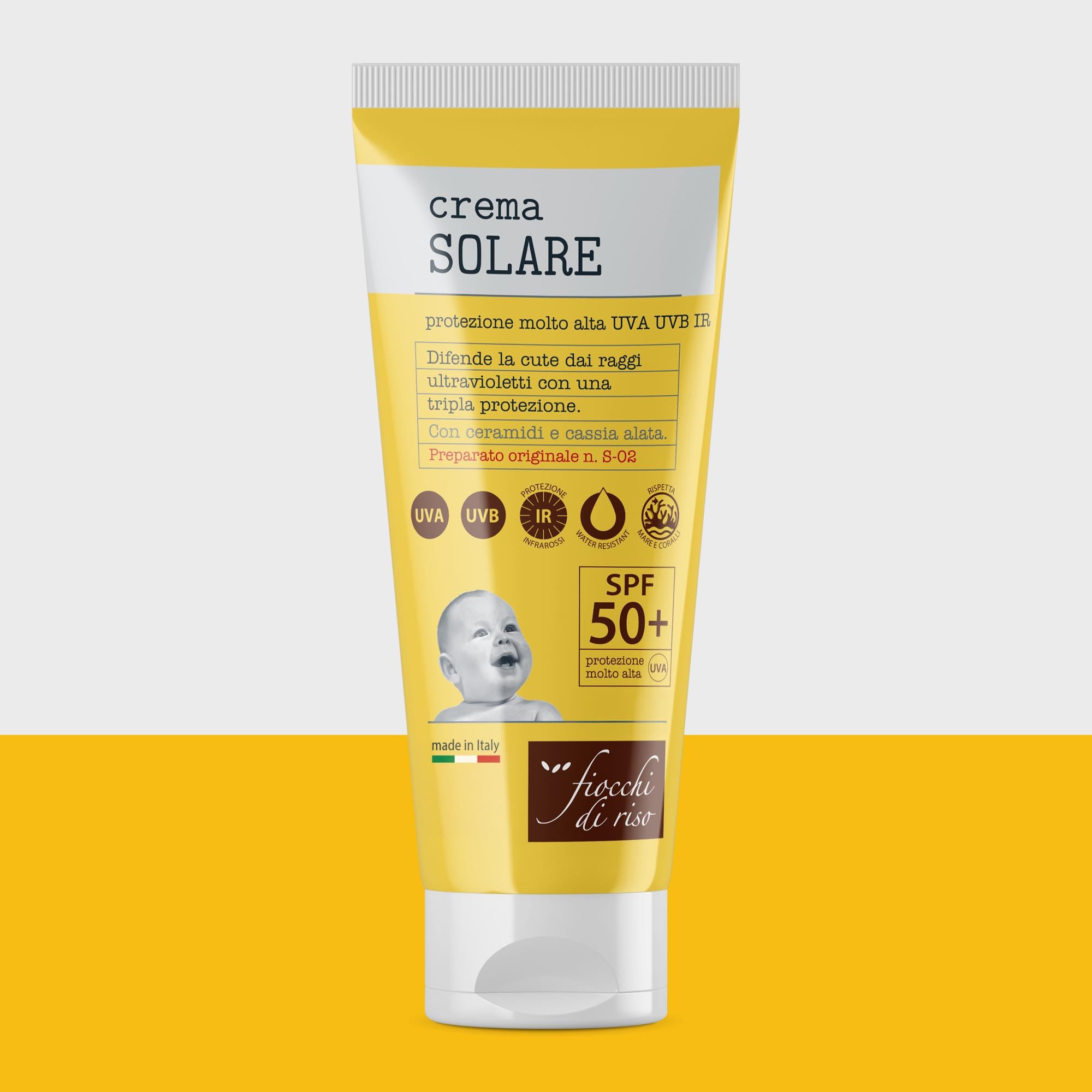 Fiocchi di Riso - Crema SOLARE 50+ - 100ml - PROTEZIONE SOLARE - SPF 50+ - Ideale per difendere la cute dai raggi ultravioletti con una tripla protezione. Con ceramidi e cassia alata. Pack riciclato
