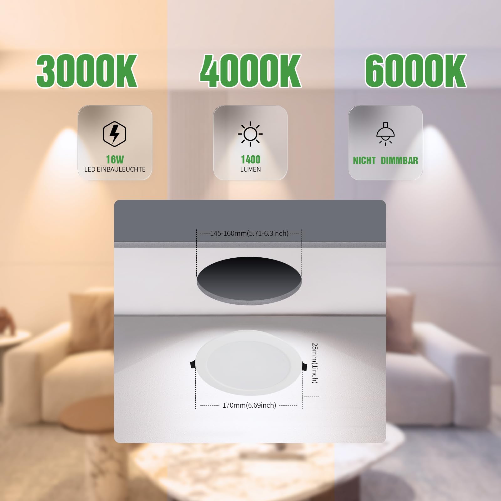 LED Deckenspots Flach 16W 230V 1400lm IP44 Ultra Slim Einbautiefe 25mm Downlight Warmweiß/Neutralweiß/Kaltweiß