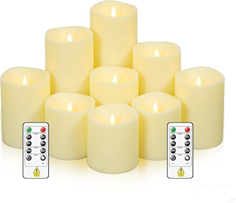 Sasigeiaa Flameless Candles with Remote - 9 Pack Battery Operated LED Candles, Realistic Fake Candles (D3 x H3/4"/5"/6"/7" Assorted, Ivory) for Wedding Centerpieces, Home Decor, Party