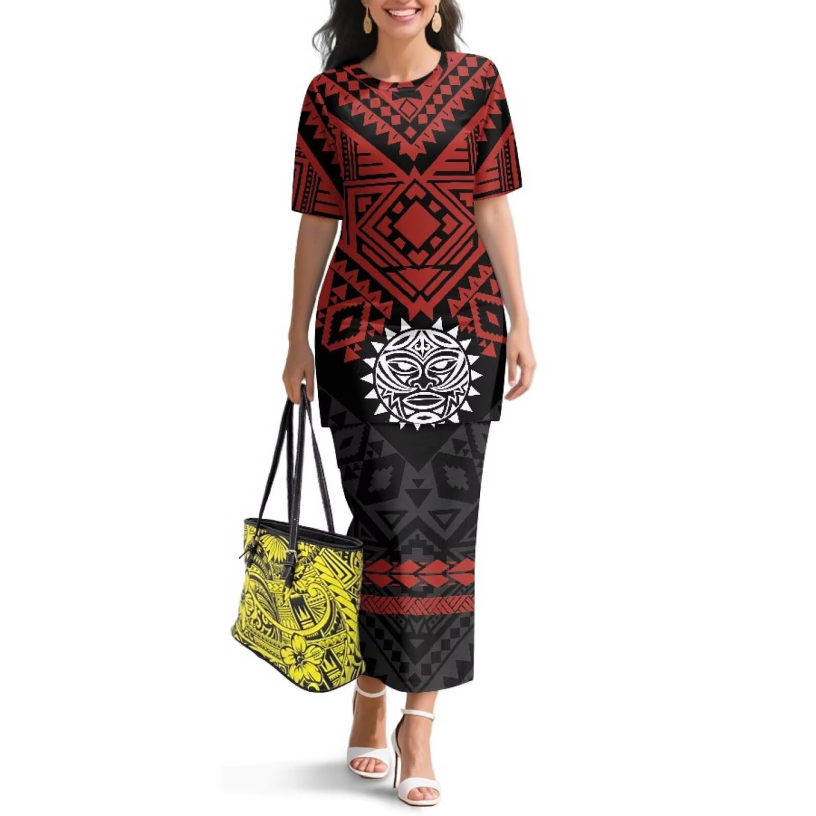 Polynesian Dress for Women Short Sleeve High Waist Maxi Skirt