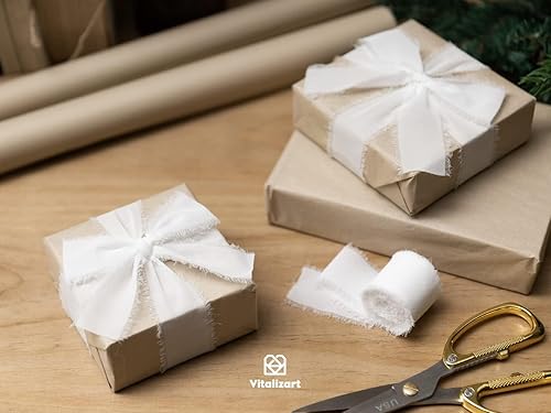 Miniatura 4 de Vitalizart Cinta de seda de gasa blanca de 1.5 pulgadas x 21 yardas, cintas hechas a mano con bordes deshilachados para invitaciones de boda, ramos