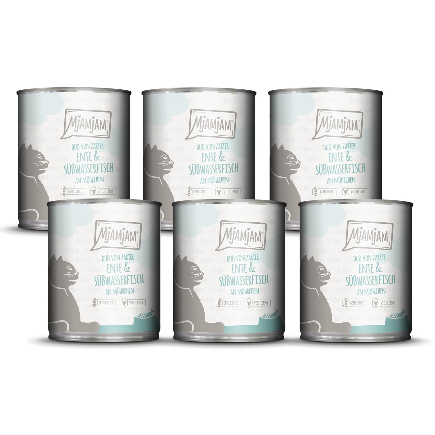 MjAMjAM - Premium wet food for cats - DUO of tender duck & freshwater fish with carrots, pack of 6 (6 x 800g), grain-free with extra meat