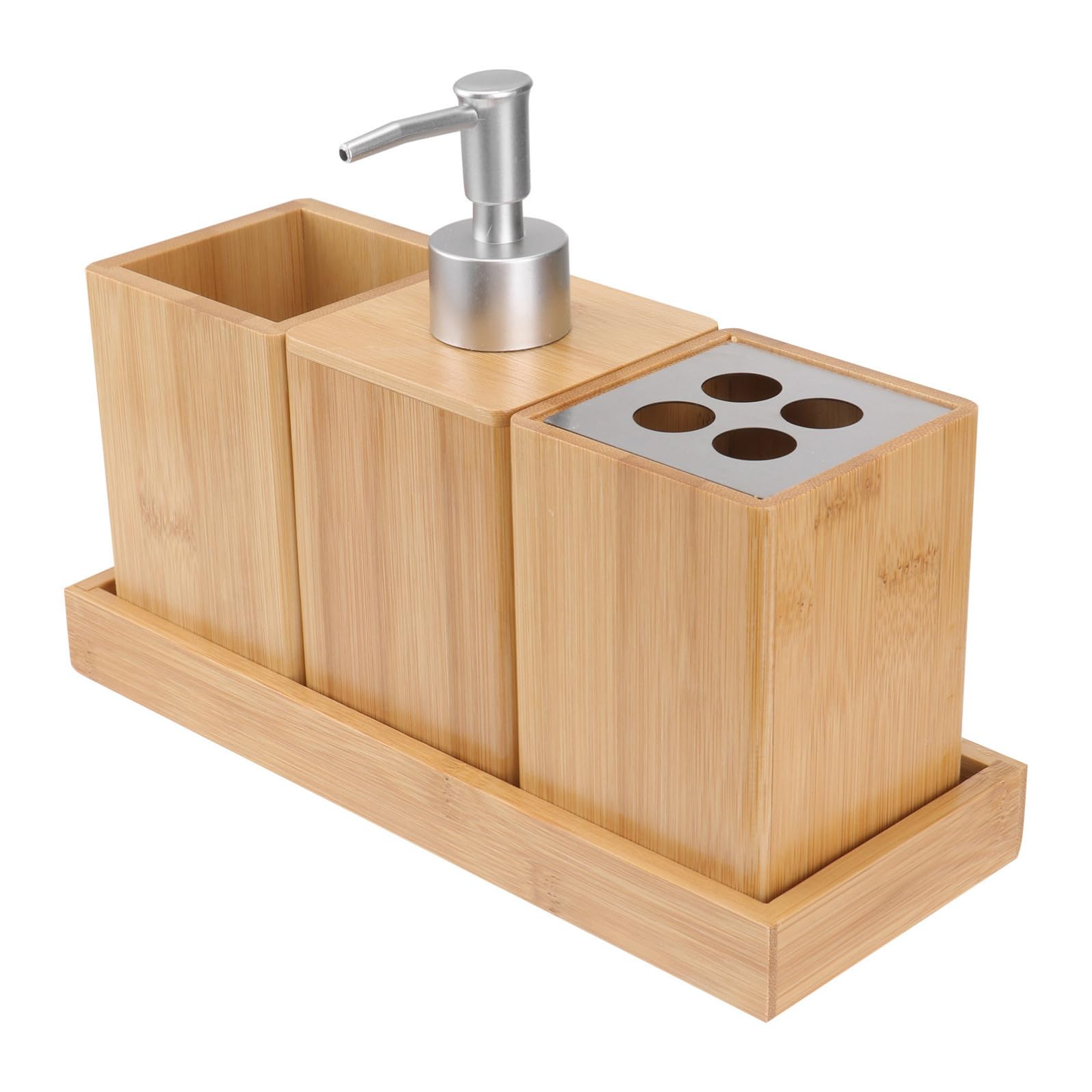 Set Accessori Bagno 4 Pezzi in Bamboo Wood per Lavabo | Ceramico e Marrone, Argento, Design Pratico e Stabile, Organizzazione del Piano Bagno