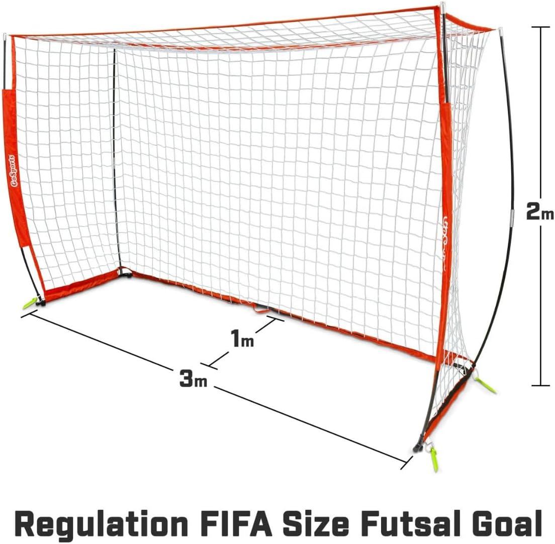GoSports ELITE Futsal Soccer Goal - 3 M x 2 M Size, Foldable Bow Type Frame and Net - Play & Train Like The Pros, Includes Carry Bag and Agility Cones