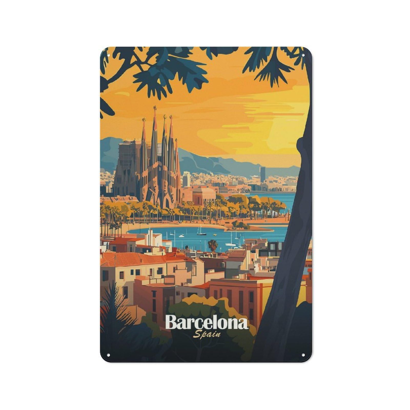 Barcelona Cityscape Metal Wall Plaque 30x20cm, Character Room Wall Plaque for Hallway, Home Bar, Garage Or Study