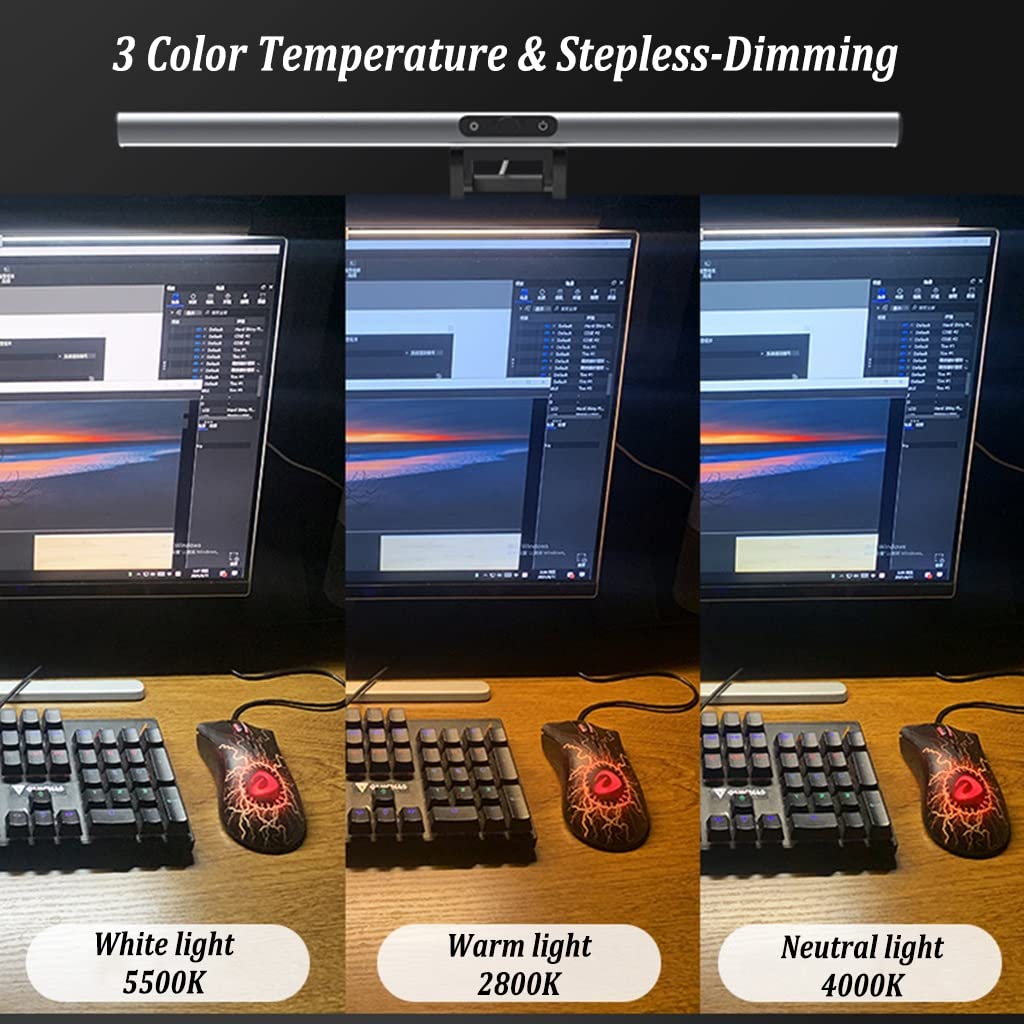 Lámpara de Monitor de Computadora con Cámara 1080P HD Cámara Web, Lámpara de Trabajo LED de Lectura Electrónica, Sensor Tactil, Sin Deslumbramiento Luz de Monitor Alimentada por USB