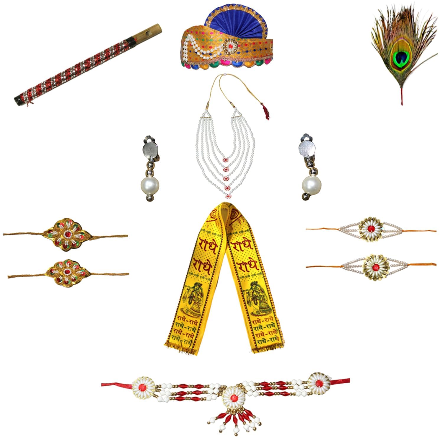 Kaku Fancy Dresses Polyester Krishna Jewellery For Kids/Janmashtami/Bal Gopal Dress/Kanha Accessories/Bal Krishna Mukut/Krishna Sringar Jewellery (Jewel-New Mukut-Set)