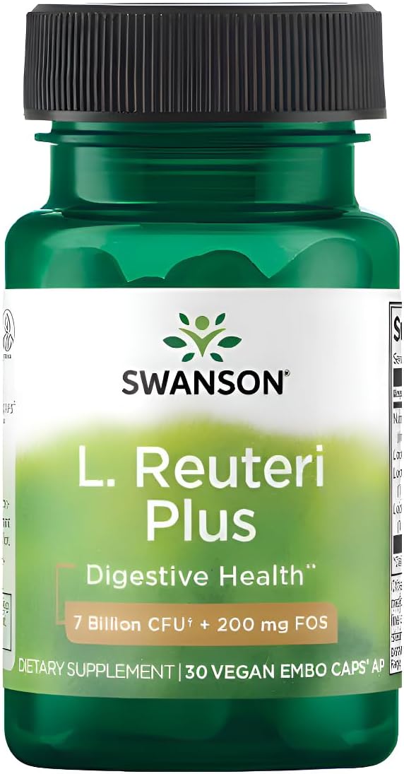 Swanson L. Reuteri Probiotic Plus, 7 Billion CFU, 30 Vegan Capsules | With Lactobacillus Rhamnosus, Acidophilus, and FOS Prebiotic for Gut-Health-Conscious Adults, Full-Spectrum Support