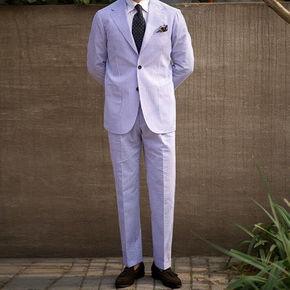 Wangyue Seersucker Suits Mens 2 Piece Tuxedo for Man Casual Summer Beach Party Suit Lightweight Seersuckers Blazer Pants