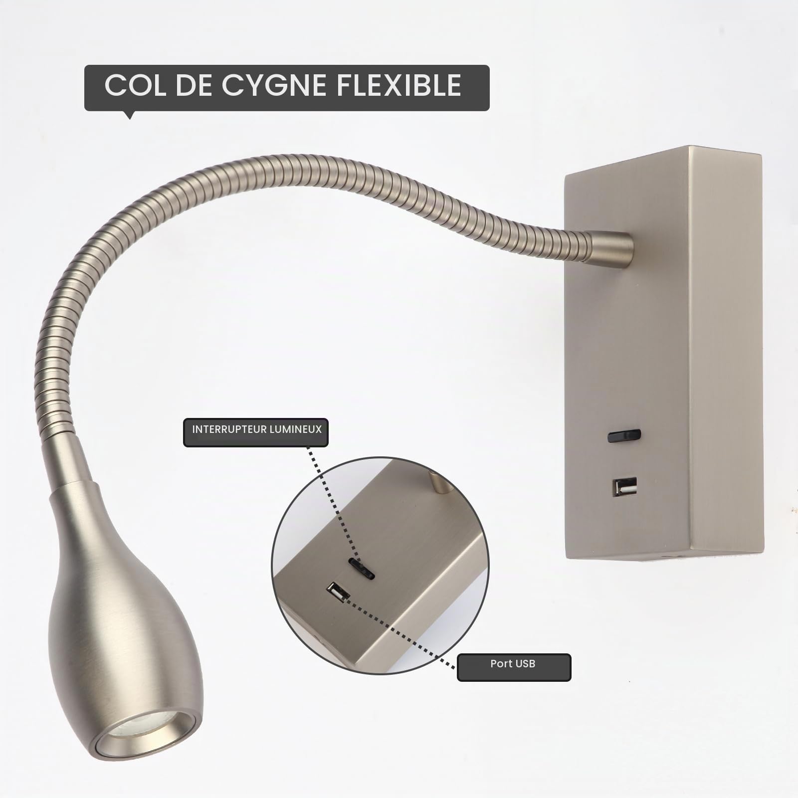 Meanyee Lampe de lecture murale Lampe de chevet col de cygne Avec interrupteur/port de charge USB/réglable / 3W 3000k / Finition Nickel brossé/MY-WN198N
