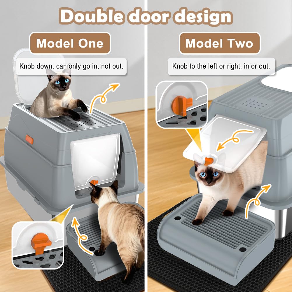 Vivifying Stainless Steel Litter Box with Lid, XL Front Entry Enclosed Extra Large Litter Box for Big Cats & Kitty, Top Exit Metal Cat Pan with Scoop, Mat, Trapping Step, Charcoal Filter (Gray) - image 3