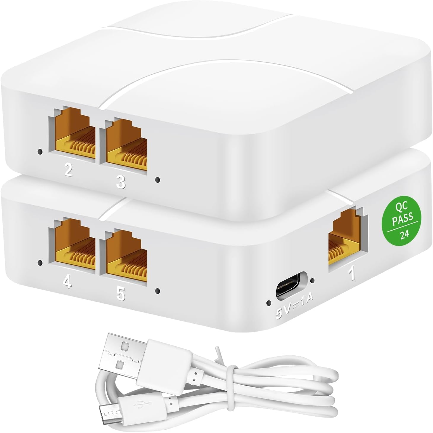 Ethernet Splitter, 1 to 4 1000Mbps High Speed Internet Splitter, 4 Devices Simultaneously Networking, LAN Network Adapter with USB Power Cable, RJ45 Splitter for Cat5/5e/6/7/8 Cable, White(1pack)