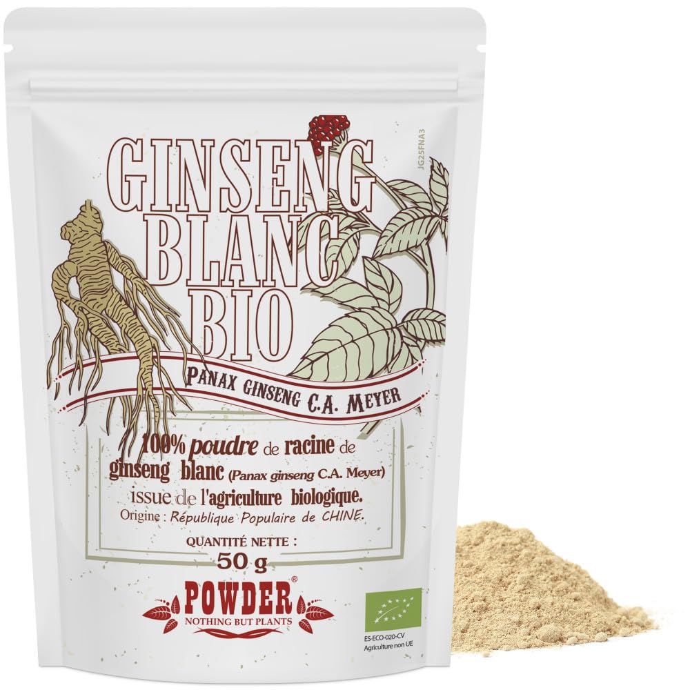 GINSENG BLANC BIO EN POUDRE * 25 portions/Ginseng blanc en poudre 50g * Adaptogéne, énergie, vitalité, antifatigue, équilibre nerveux, libido * Garantie Satisfait ou Rembours * Fabriqué en France