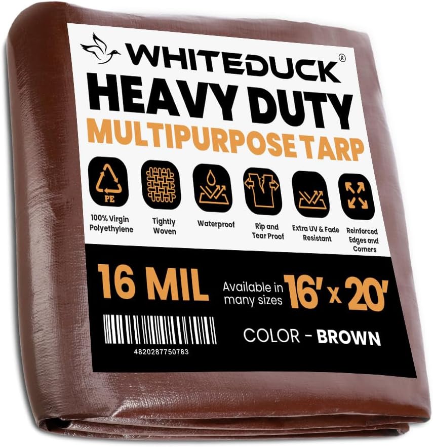 WHITEDUCK 16x20 Tarp 16 MIL Heavy Duty Poly Tarp Waterproof UV Resistant, True to Size, Rust-Proof Grommets, Tear & Rip Resistant, Extra Thick, Camping, Construction, Boat & Equipment Cover Brown- 16 Mil 16' x 20'