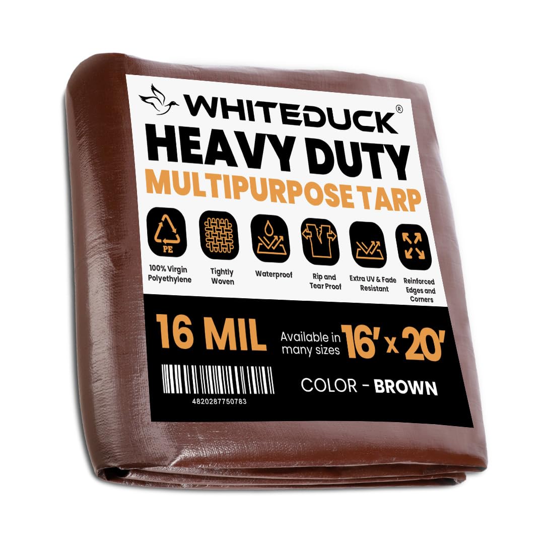 WHITEDUCK Super Heavy Duty Poly Tarp Cover 16 Mil & 10 Mil with Grommets and Reinforced Edges (Brown, White & Silver Black) (Brown- 16 Mil, 16' x 20')