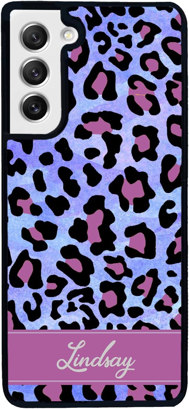 Pink Blue Leopard Personalized Black Rubber Phone Case Compatible With Samsung Galaxy S25 S25FE S25+ S25 Ultra S24 S24+ S24 Ultra S24FE, S23 FE S23+ Ultra S22 S22+