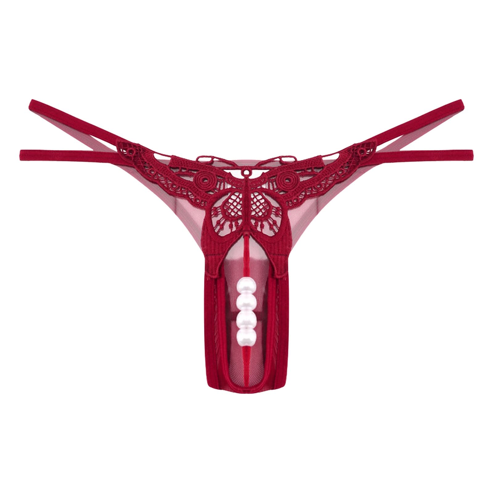 Women's Pearl Underwear Cutout Sexy Panties Thongs Butterfly Embroidered Cute Tangas Butt Lifting Hipsters Low Waist