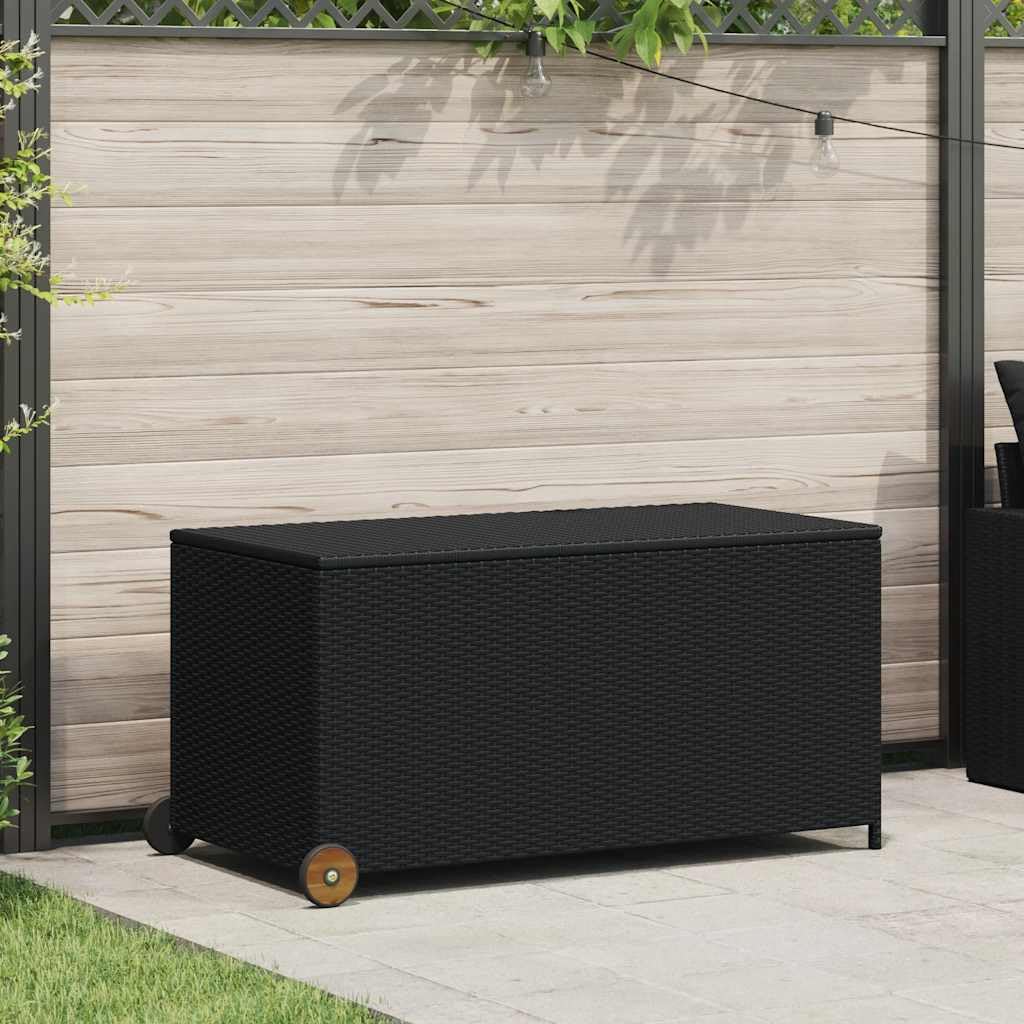 Garten-Auflagenbox Schwarz 120x65x61 cm Poly Rattan Kissenbox mit Rollen und Holzgriff Gartentruhe mit Gasdruckfeder für Kissen Auflagen Decken und Spielzeug