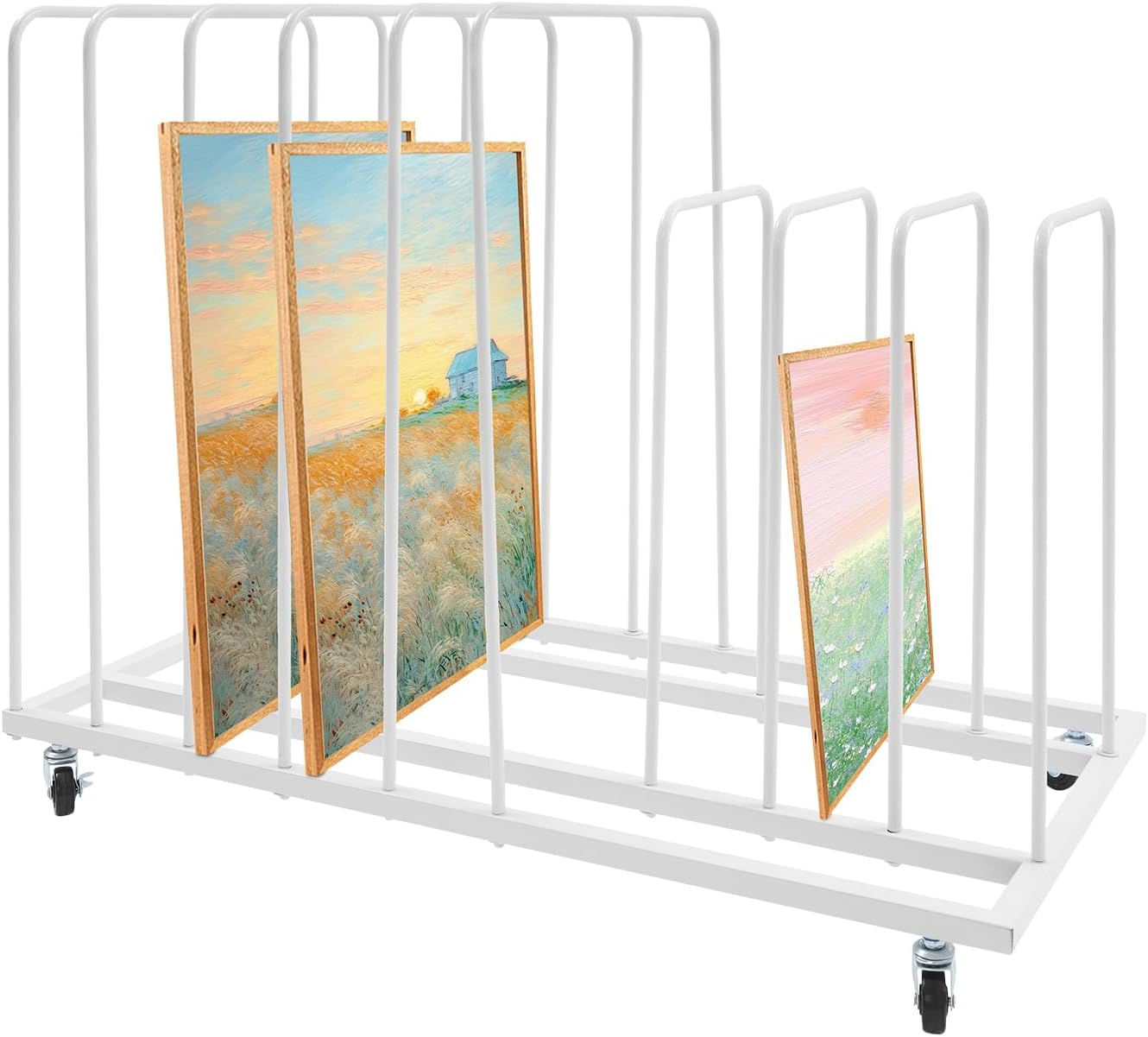 Art Storage Rack with Wheels, 9 Compartments Art Drying Rack Rolling Art Painting Display Rack Canvas Storage Craft Room Organization Metal Storage Stand for Studios, Galleries, Homes (White)