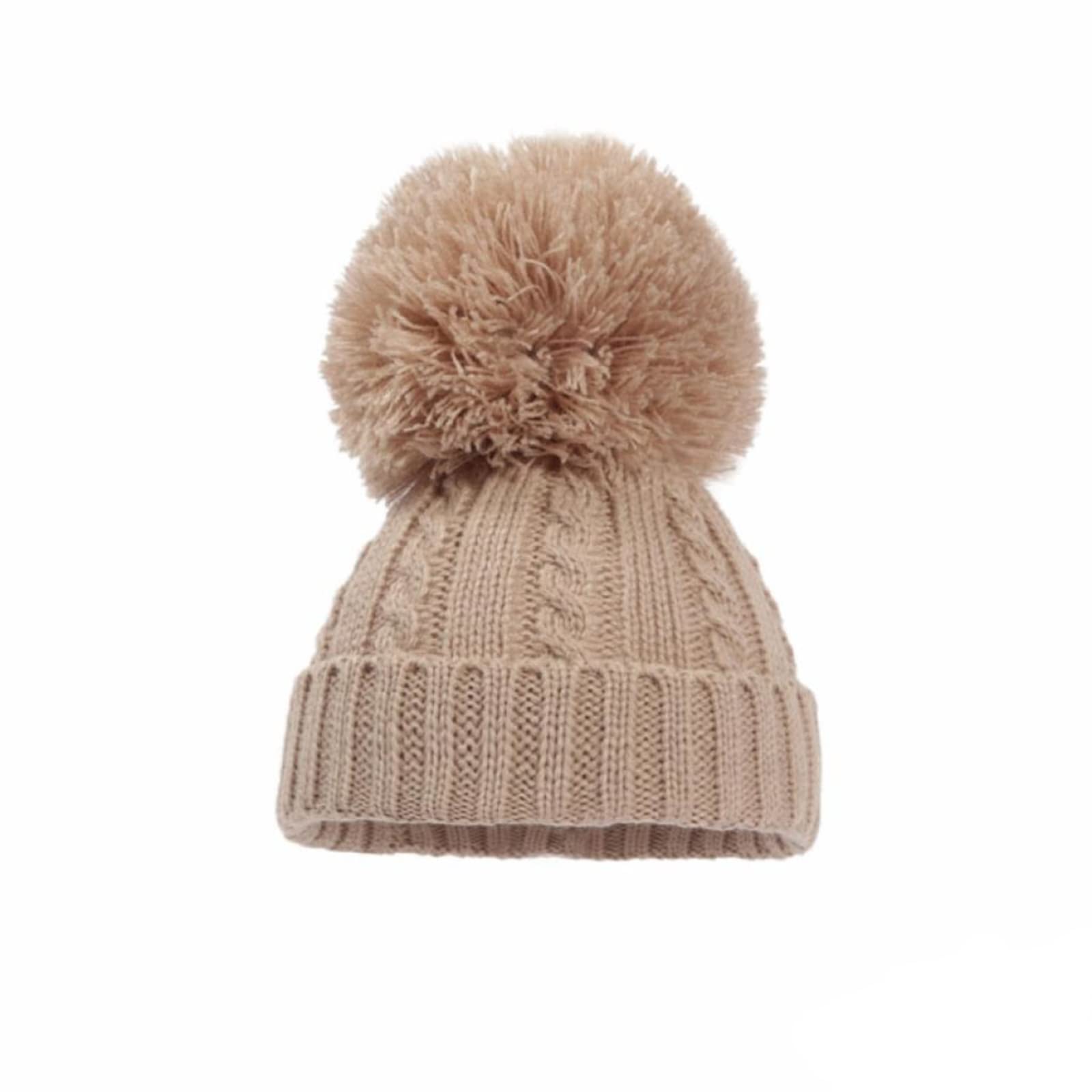 Baby Boys & Girls Knitted Pom Pom Hat, Cable Knit Bobble Hat, Coffee, 12-24 Months