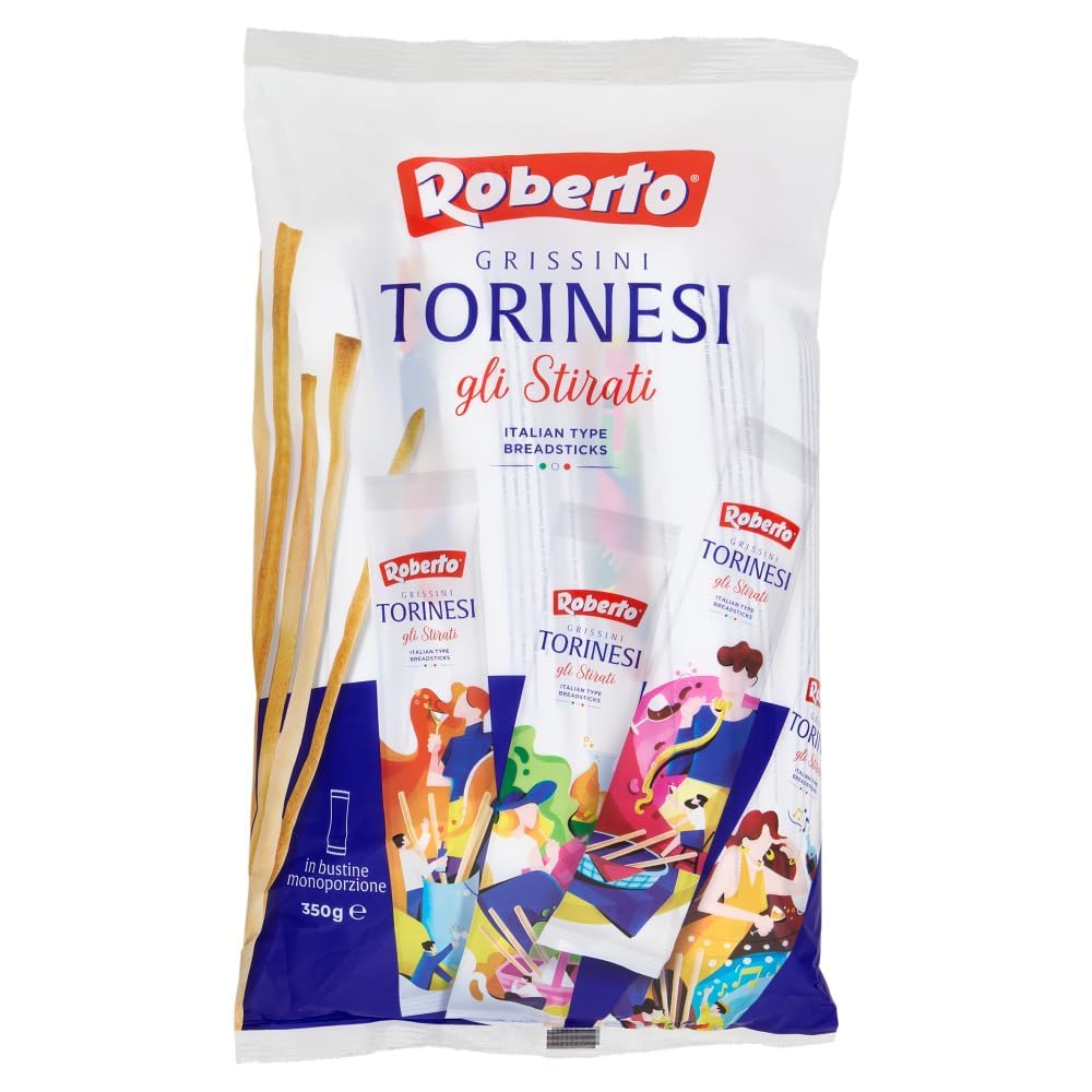 Italian Gourmet Roberto Grissini Torinesi gli Stirati 12 x 350 g – Gressins Italiens Étirés et Croustillants – Boulangerie Italienne – Lot Familial + Italian Gourmet Polpa de Tomates 400 g