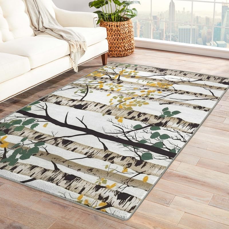 Alfombras de abedul para dormitorio, sala de estar, alfombra de bosque de 4 x 6 pies, lavable, antideslizante, suave, alfombra de pelo bajo,