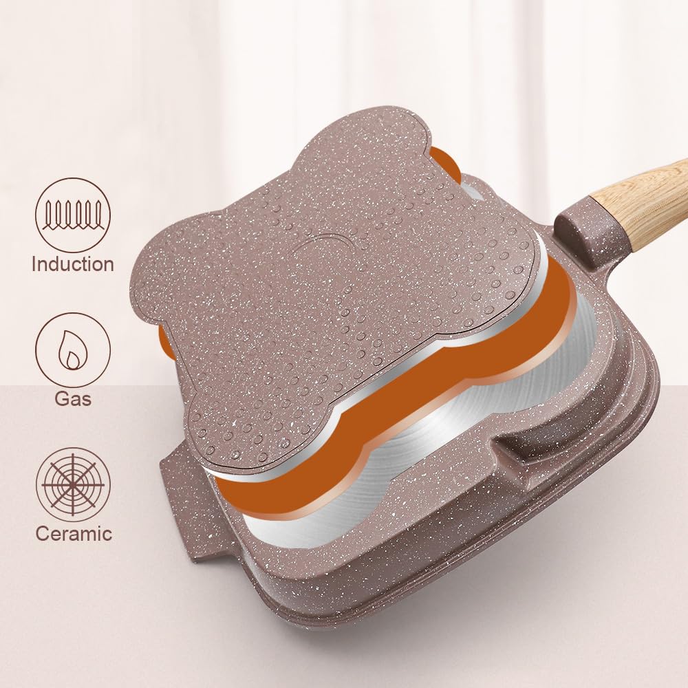 RANX INGST Padella Pancake con Coperchio 3 Fori, 26 cm Padella per Frittate con Rivestimento in Ceramica, Padella per Colazione con Maniglia Rimovibile - Marrone