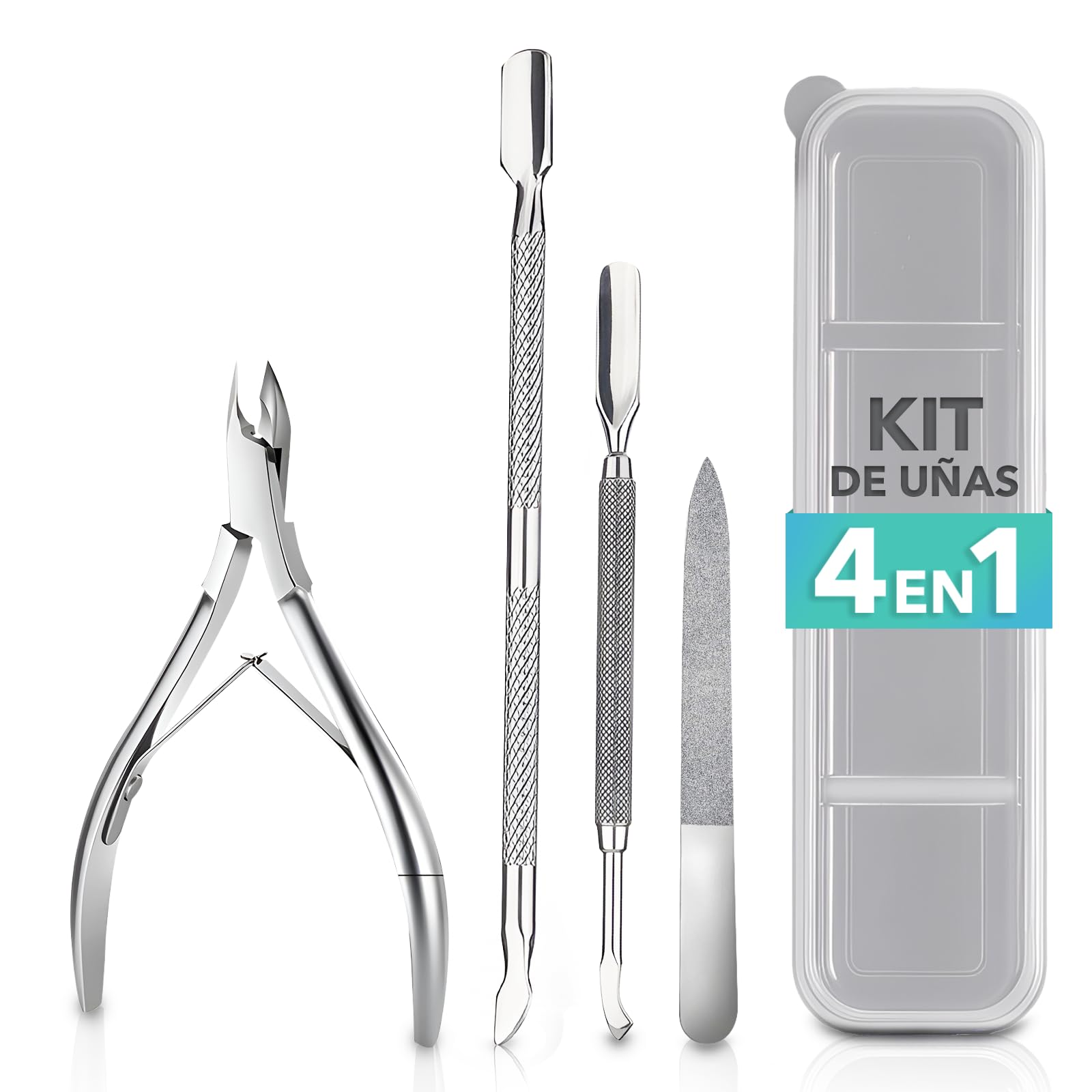 Set Manicura y Pedicura Profesional 4 en 1 – Cortacutículas, Lima de Uñas y 2 Empujadores de Cutículas de Acero Inoxidable – Kit Corta Uñas Adulto, Removedor de Cutículas, Ideal para Viaje