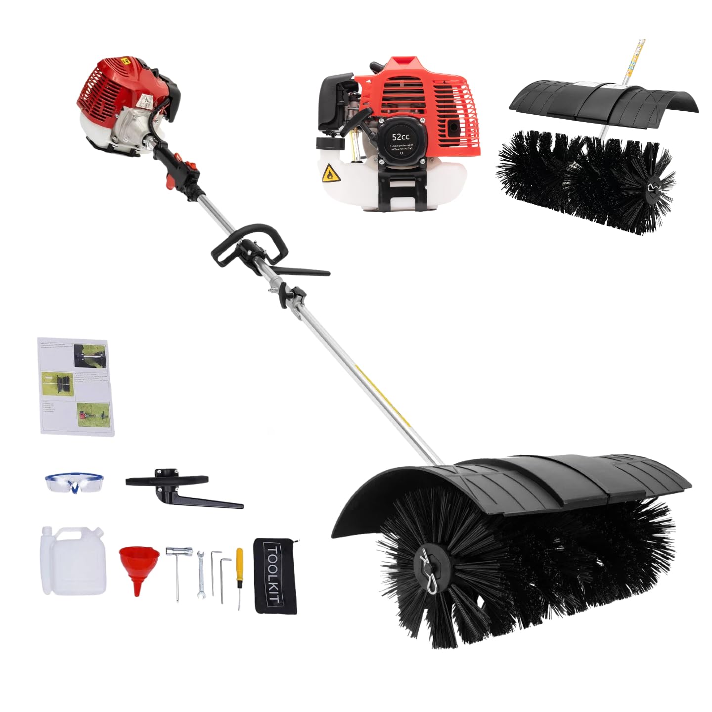 52CC 2 Takt Handheld Benzin Motorbesen, 2,3 PS Schneeräumer mit Tragegurt, Handgeführter Kehrmaschine, SchneefräSe RäUmgeräT Schnee Sweeper MotorbüRste für Laub/Schnee//Grasflächen/Erde