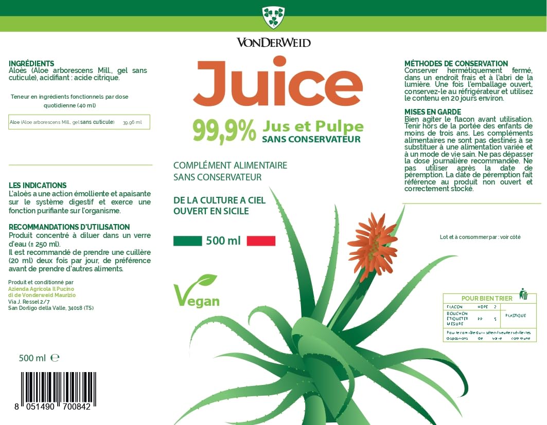Jus Pur et Frais d'Aloe Arborescens | Pur Aloé Gel Naturel a Boire | Complément Alimentaire Purifiant Naturel | Non Pasteurisé et non Filtré | 500 ml