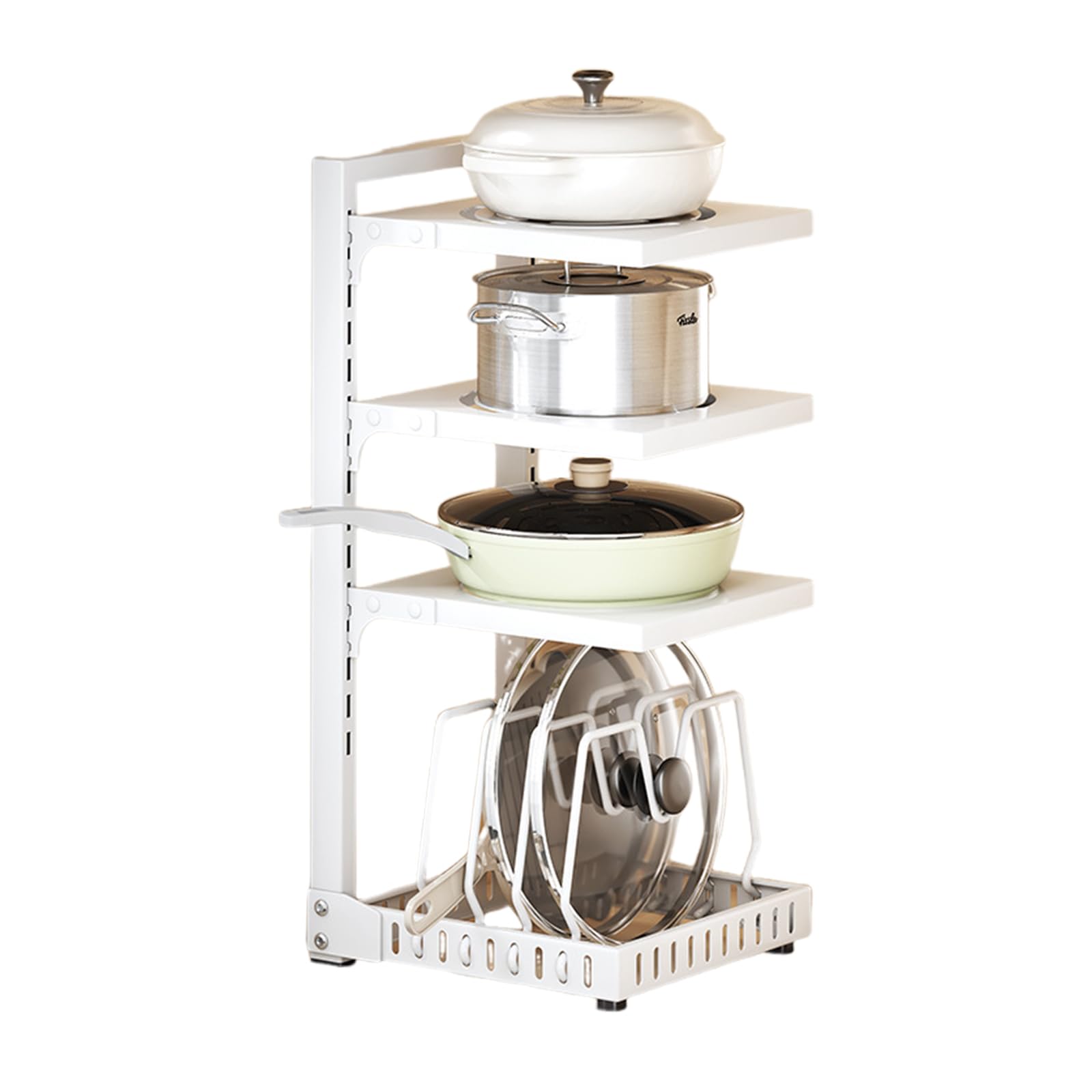 Organizador de cocina ajustable para debajo del gabinete, para ollas y sartenes, solución de almacenamiento que ahorra espacio para ollas grandes, diseño de cocina de 5º piso