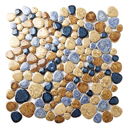 Blujellyfish Glazed Blue Mosaic Ceramic Pebble Porcelain Til...