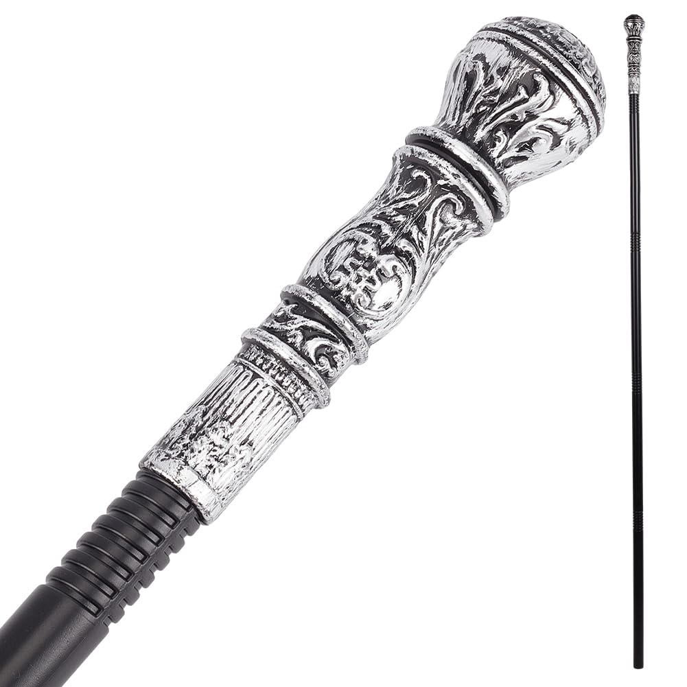 GORGECRAFT Vintage Walking Stick Antique Victorian Cane 145cm Long Pretend Play Scepter Costume Cane Plastic Punk Prop with Antique Silver Top Knob Cosplay Prop for Halloween Themed Events Stage Show