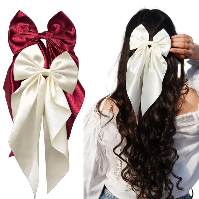 Image of 2 Pack Off White and Red - Hair Bows, Bow Clips for Women - Hair Clips, Luxury Satin Hair Bow Clips for Girls, Hair Clip - Cute Hair Accessories for Girls