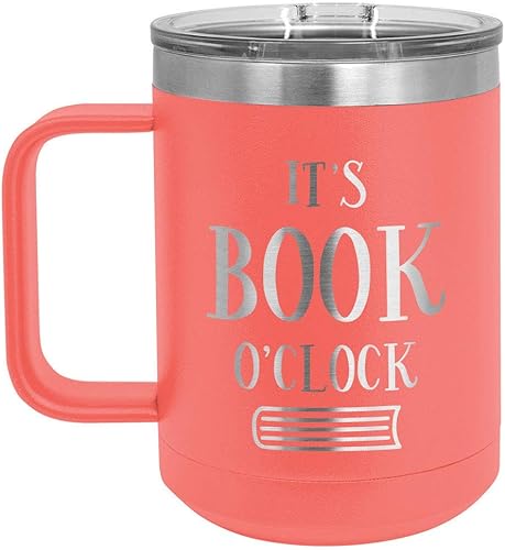 IT'S BOOK O'CLOCK Coral 15 oz Taza de café con tapa deslizante  Taza de café de viaje aislada  Ideas de regalos de cumpleaños o Navidad de mujeres u
