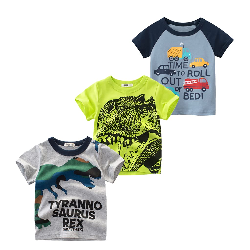 Snyemio Pack de 3 Camiseta Manga Corta Niños Algodón Bebé Estampada Dinosaurio Dibujos Animales Verano 1-7 años