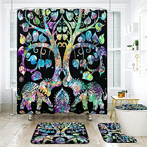Duobaorom 4 Pieces Set Boho Elephant Shower Curtain Set Boho Paisley Animal Tree Of Life Picture Print On Non-Slip Rugs Toilet Lid Cover Bath Mat And Bathroom Curtain With 12 Hooks 72X72Inch #TOP3