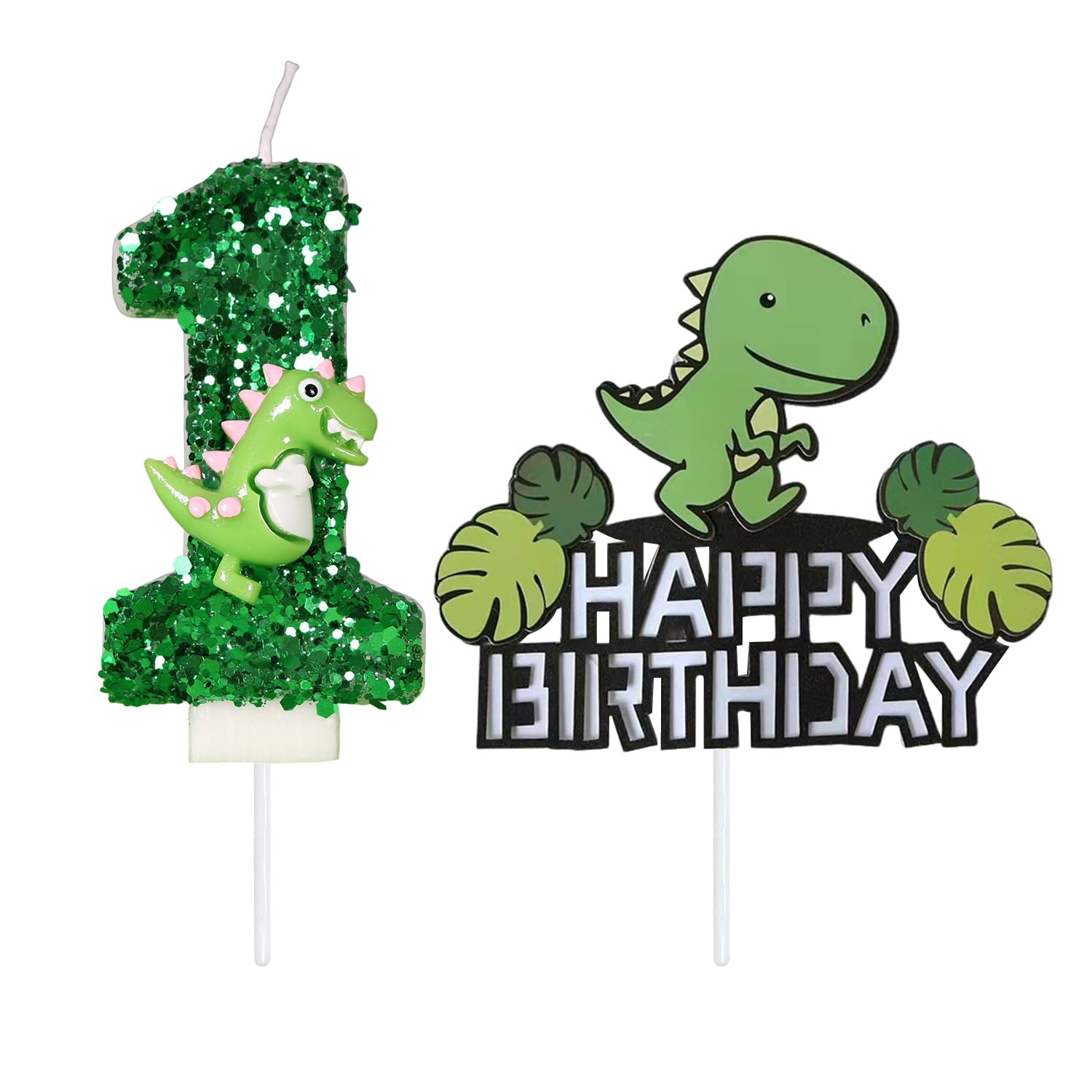 MEMOFYND 1 Dinosaur Candle, 1 Dinosaur Cake Card Insert, Number 1 Candle, Happy Birthday Cake Top Hat, Green Decoration, Children'S Birthday Party Decoration