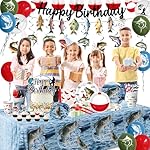 Fishing Birthday Party Decorations, All-in-1 Fishing Party Decorations with Balloons Fish Plates Napkins Cake Toppers Honeycombs Tablecloths and Banner Ofishally One Birthday Decorations, Serve 24 - Image 4