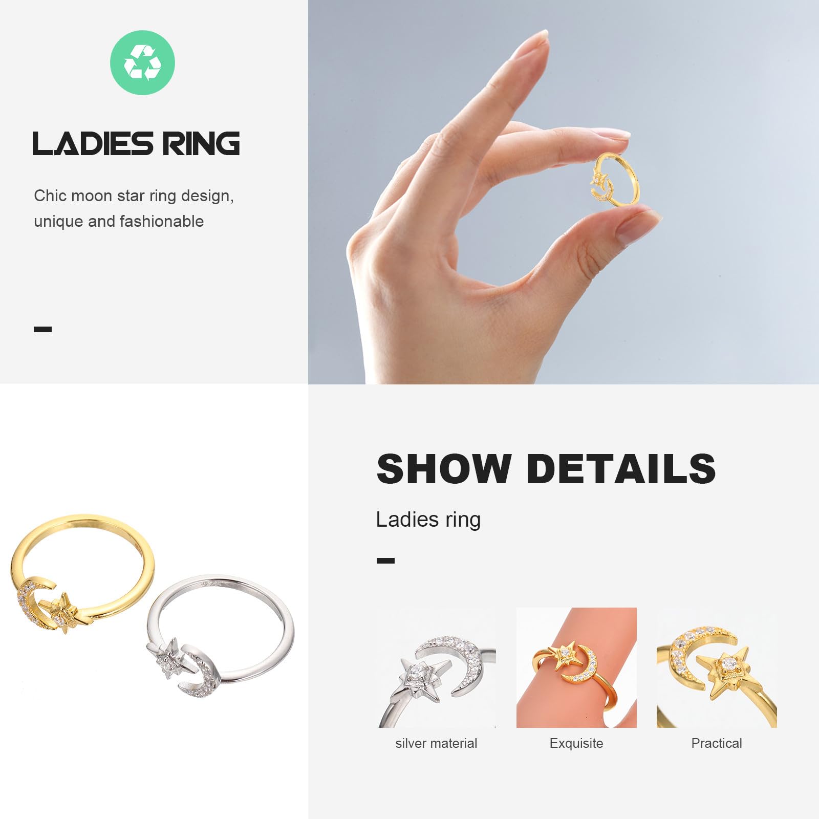 Holibanna Anelli Regolabili da Donna Confezione da 2 in Argento Design Delicato a Forma di Mezzaluna e Stella, Aperti Sicuri per Ogni Occasione