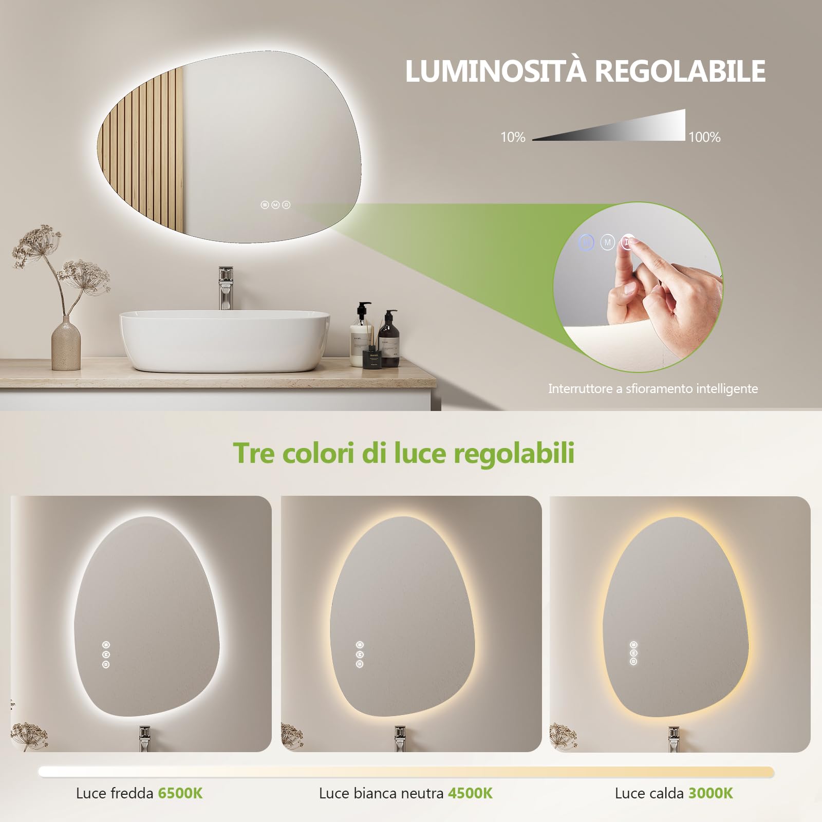 S'AFIELINA Specchio con illuminazione, asimmetrico LED da bagno, 75x55 cm, con interruttore touch, dimmerabile, 3 colori di luce regolabili, senza appannamento, specchio da bagno con illuminazione