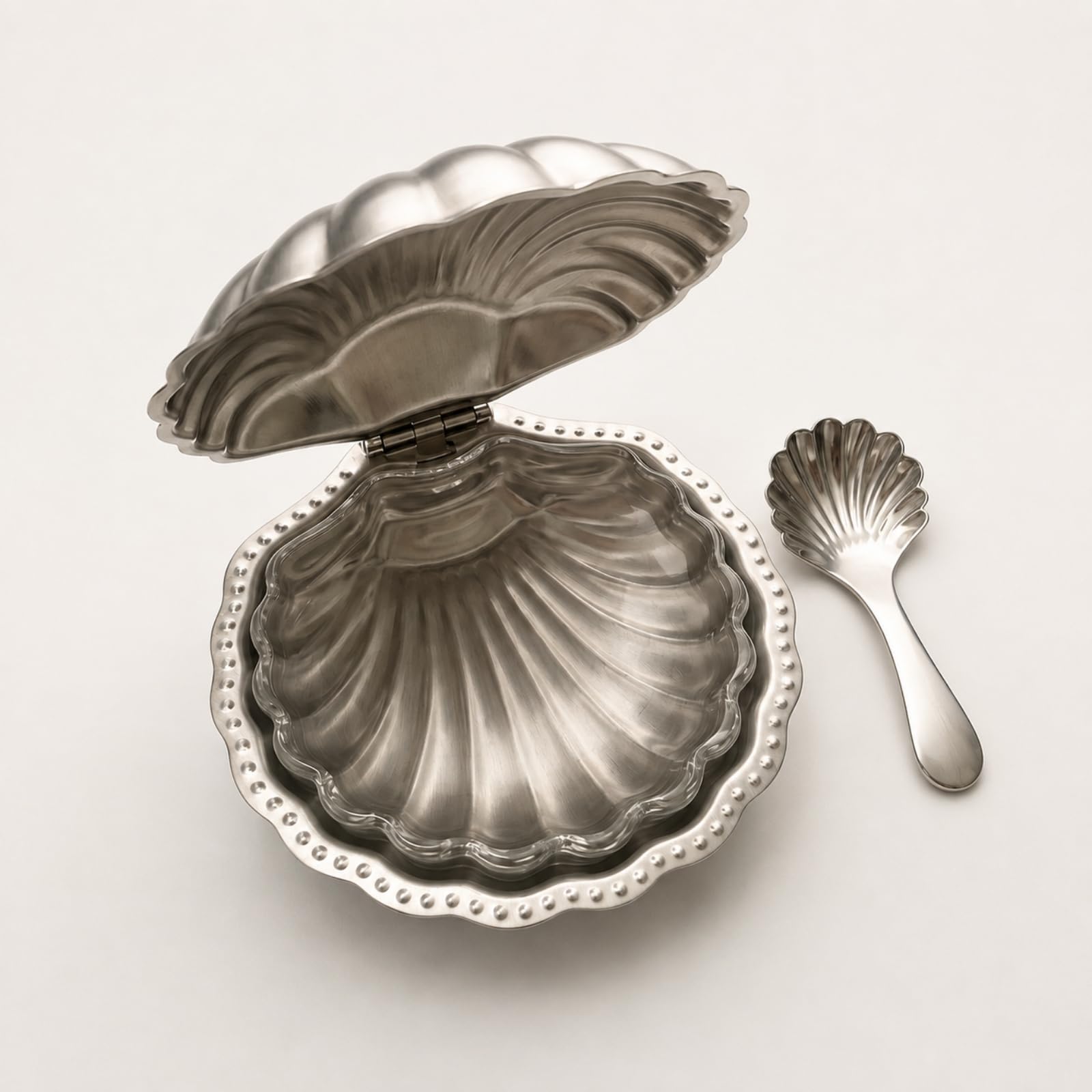 Edelstahlschale in Muschelform mit Deckel muschelförmig Edelstahlschale mit innenschale kompakt Butterschale aus Edelstahl für Dinnerpartys, B